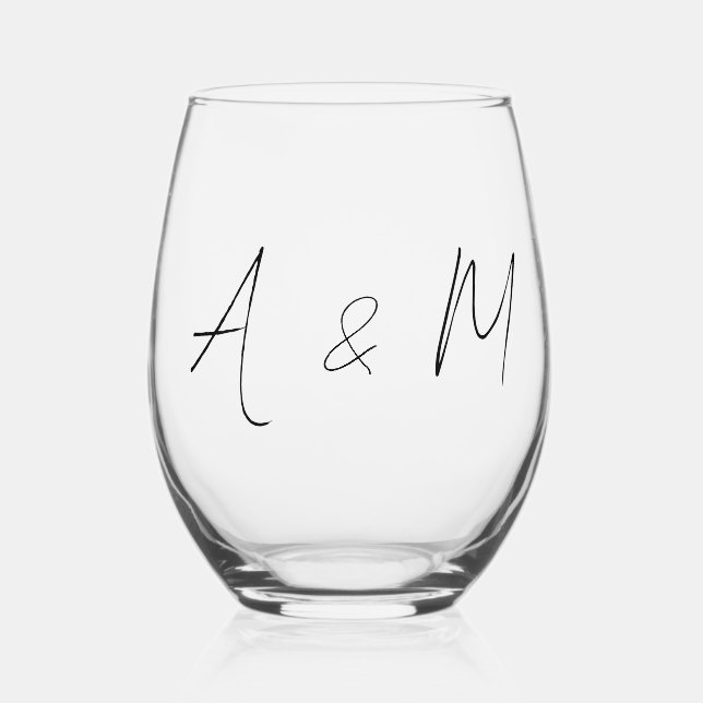 Verre À Vin Sans Pied Script minimal Monogramme Mariage Boho noir blanc (Recto)