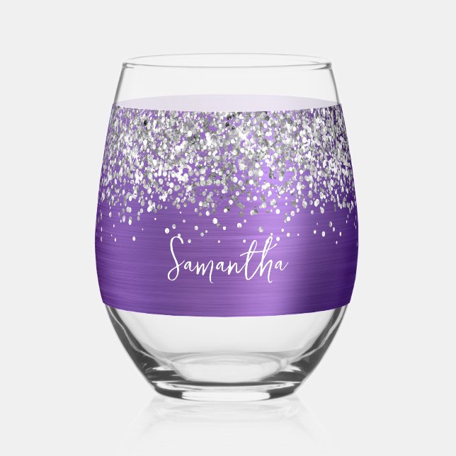 Verre À Vin Sans Pied Silver Glitter Amethyst Glam Name (Recto)