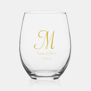 Verre À Vin Sans Pied Simple Élégant Script Mariage Monogramme Or