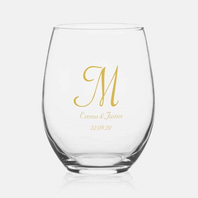Verre À Vin Sans Pied Simple Élégant Script Mariage Monogramme Or (Recto)