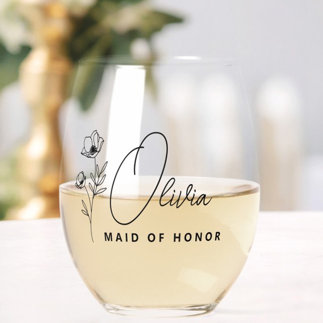 Verre À Vin Sans Pied Simple Moderne Personnalisée Fleur de servante (maid of honor wine glass,bridesmaid wine glass with name,wildflower floral bridesmaid gifts,)