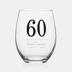 Verre À Vin Sans Pied Soixantième anniversaire élégant Nom Date Fête