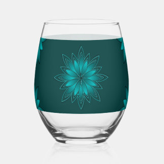 Verre À Vin Sans Pied Teal Leaf Mandala Design on Dark Cyan