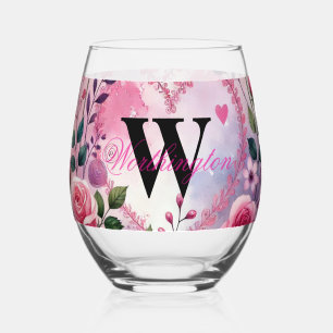 Verre À Vin Sans Pied Texte de typographie cœurs floraux aquarelle roman