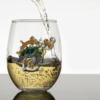 Verre À Vin Sans Pied Tortue de mer nautique Ancre Roue de navire Bleu