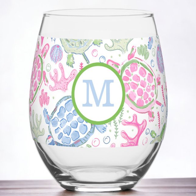 Verre À Vin Sans Pied Tortues de mer roses bleues monogramme Prépa  (Créateur téléchargé)