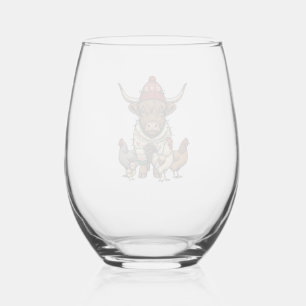 Verre À Vin Sans Pied Vache Highland et poulets de Noël Gravure vintage