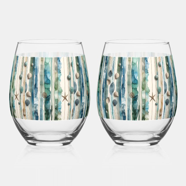 Verre À Vin Sans Pied Verrerie de plage, thème océan (Recto)