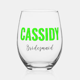 Verre À Vin Sans Pied Vert néon 3D Élégant Nom Demoiselle d'honneur