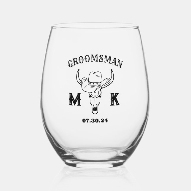 Verre À Vin Sans Pied Vieux Ouest Cowboy Personnalisé Groomsmen Monogram (Recto)