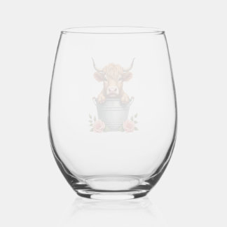 Verre À Vin Sans Pied Vintage Highland Cow Flower Market Design with Flo