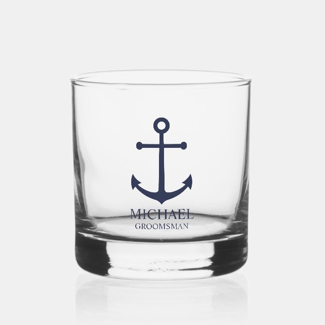 Verre À Whisky Ancre Bleue marine Nautique Groomsmen personnalisé (Recto)