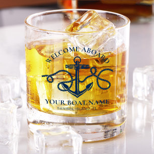 Verre À Whisky Ancre nautique Nom du bateau Bienvenue à bord bleu