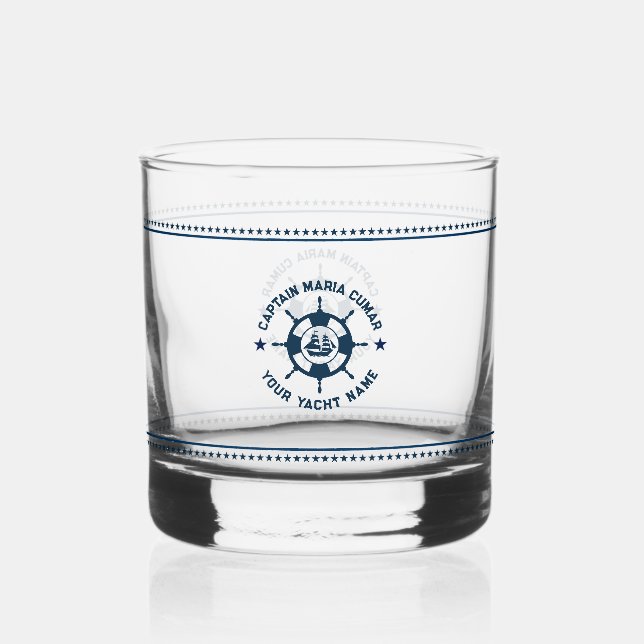 Verre À Whisky Bateau bleu marine Roue nautique Étoiles bleues (Recto)