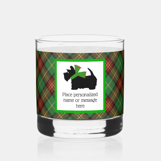 Verre À Whisky Chien écossais customisé et Tartan Joyeux Noël (Recto)