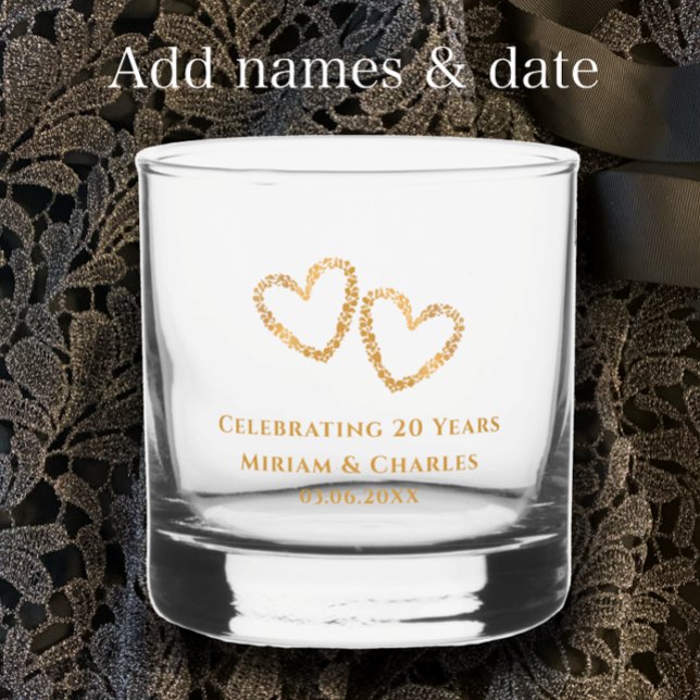 Verre À Whisky Coeur d'or personnalisé 20e anniversaire de Mariag (Personalize this elegant unique golden heart 20th wedding anniversary keepsake gift glass.)