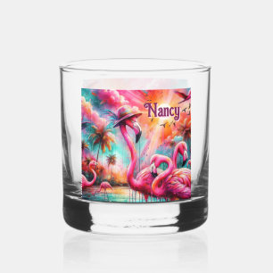 Verre À Whisky Flamants roses roses tropicaux Palmiers Personnali