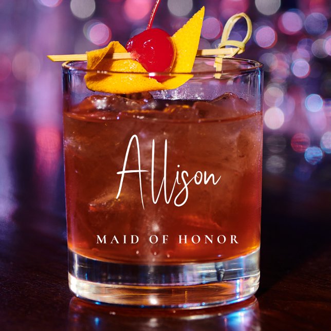 Verre À Whisky Maid Of Honor Chic White Script Monogram Mariage (Créateur téléchargé)