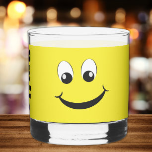 Verre À Whisky Retro Yellow Happy Face Avec Sourire Nom Monogramm