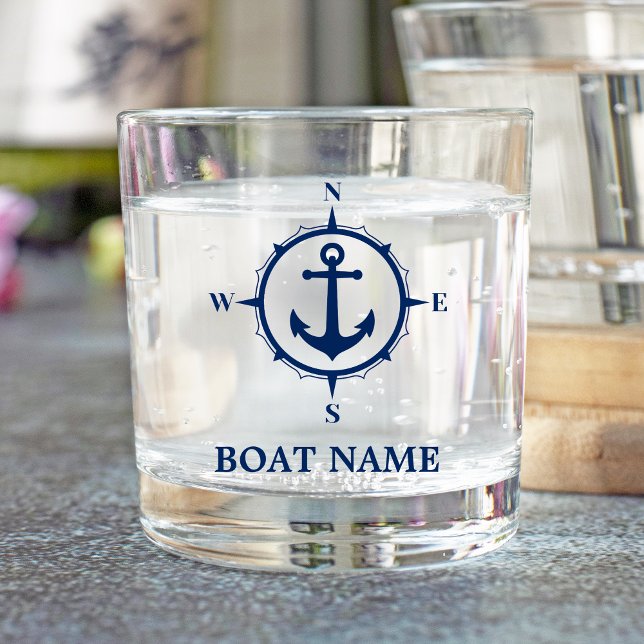 Verre À Whisky Votre nom de bateau Ancre Boussole marine Bleu mar (Créateur téléchargé)