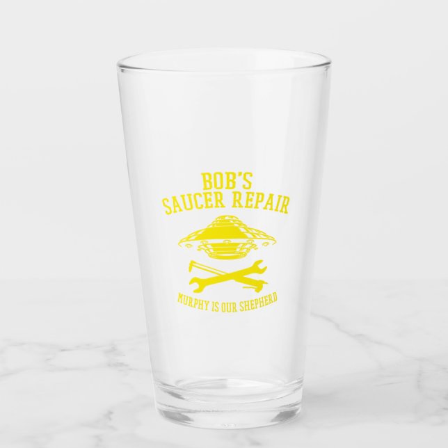 Verre agitateur avec logo jaune de réparation de soucoup (Devant)
