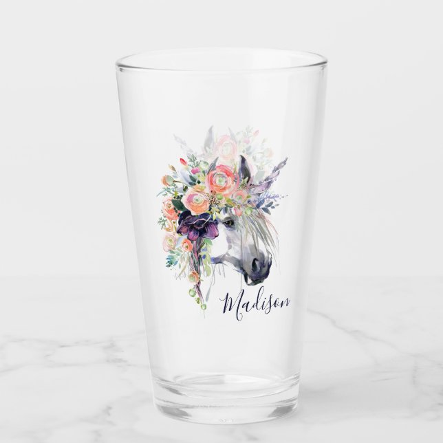 Verre Ajoutez votre licorne habillée | florale nommée (Devant)