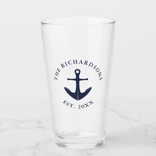 Verre Ancre nautique Nom de famille Année Marine Bleue (Devant)