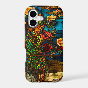Verre antique coloré avec paons et fleurs