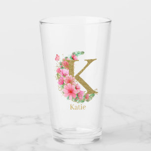 Verre Aquarelle Or et Monogramme Floral Lettre K