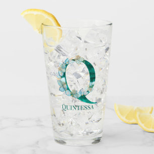 Verre Aquarelle Turquoise et or Monogramme lettre Q