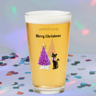 Verre Arbre de Noël Rose Pailleté Argent Chat Noir Nœud