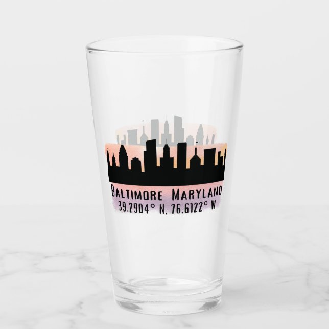 Verre Baltimore Skyline Latitude et Longitude Pint (Devant)