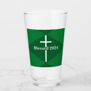Verre Bienheureux Nouvel An Croix verte et blanche chrét