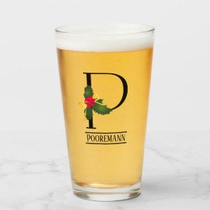 Verre Bière personnalisée de Noël Holly Monogram P