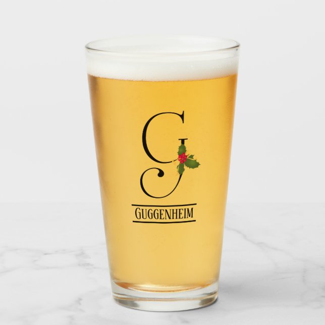 Verre Bière personnalisée Holiday Holly Monogram G (Devant (rempli))