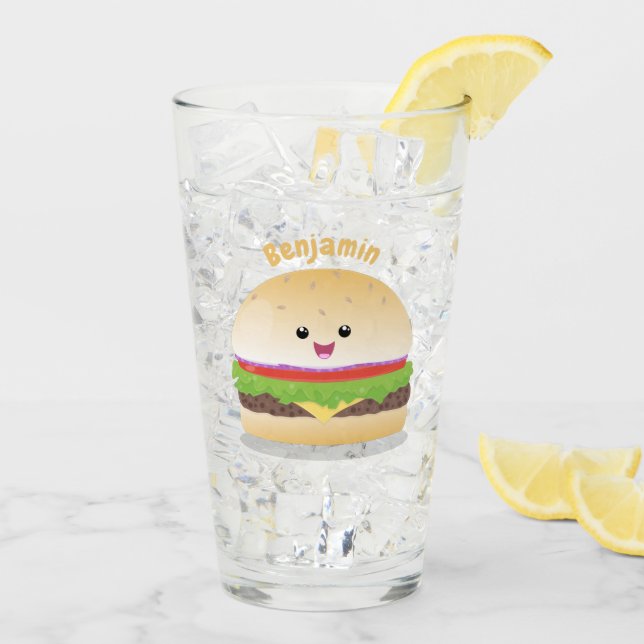 Verre Caricature de hamburger kawaii joyeux (Dos glace)