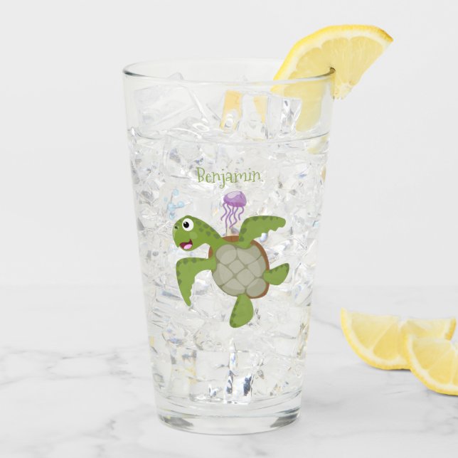 Verre Caricature joyeuse de tortue de mer verte mignonne (Dos glace)