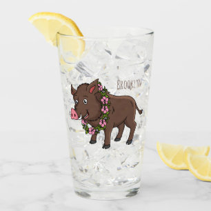 Verre Caricature mignonne sanglier et fleurs