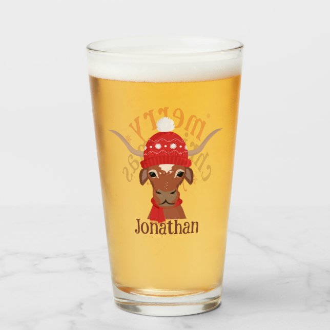 Verre Cartoon Longhorn en Casquette Ski Rouge et Scarf (Devant (rempli))