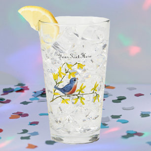 Verre Chanter Red Blue Bird sur Branche Fleurs Jaunes
