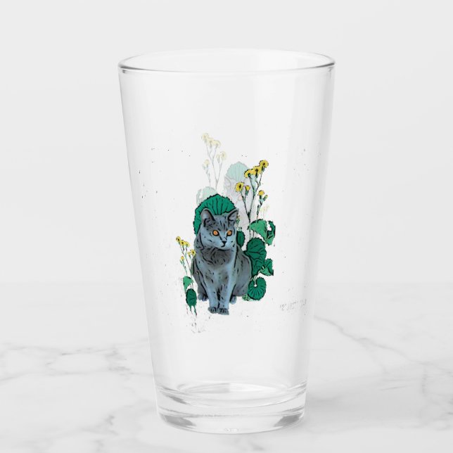 Verre Chat Chartreux avec Fleur Jaune (Devant)
