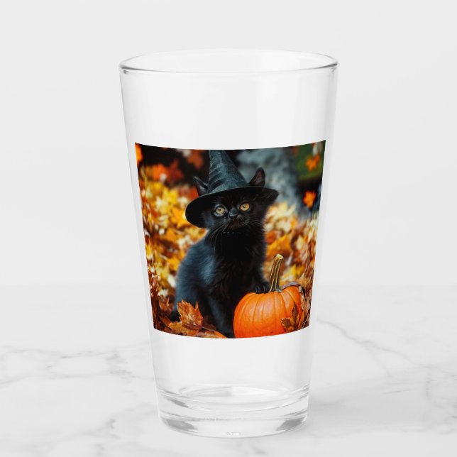 Verre Chat noir d'Halloween et Citrouille (Devant)