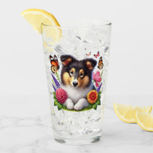 Verre Chien-mouton Shetland avec fleurs et papillons