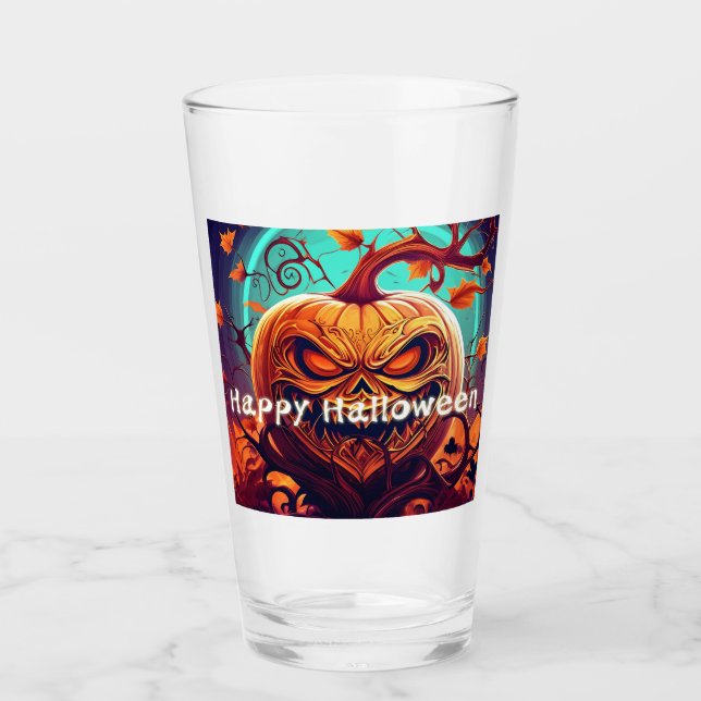 Verre Citrouille orange effrayant avec visage, Halloween (Devant)