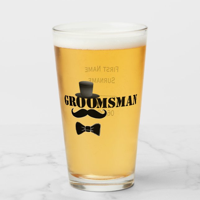 Verre Classé Groomsman Mustache Top Hat Custom (Devant (rempli))