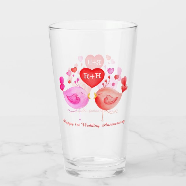 Verre Coeur Inséparable rouge rose 1er Anniversaire art (Dos)