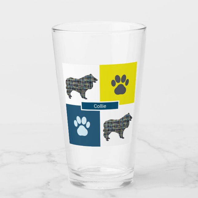 Verre Collie Rough Dog Silhouette & Paw Y&B Grid (Devant)