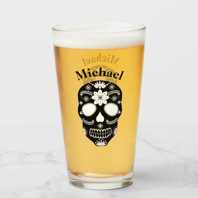 Verre Crâne à sucre mexicain noir et blanc Nom (Devant (rempli))