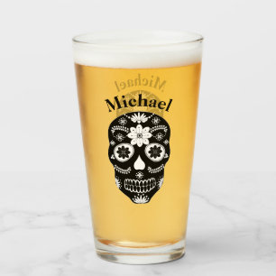 Verre Crâne de sucre mexicain noir et blanc 2 avec nom  