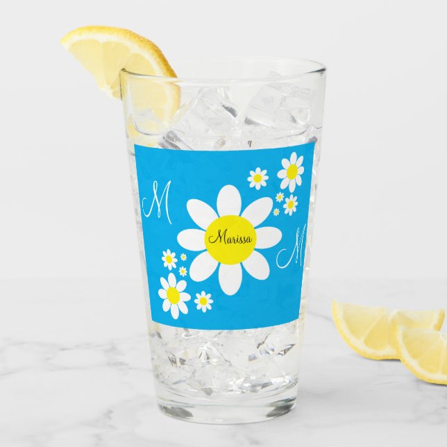 Verre Cute Bleu et Blanc Maisies Floral Nom personnalisé (Devant glace)